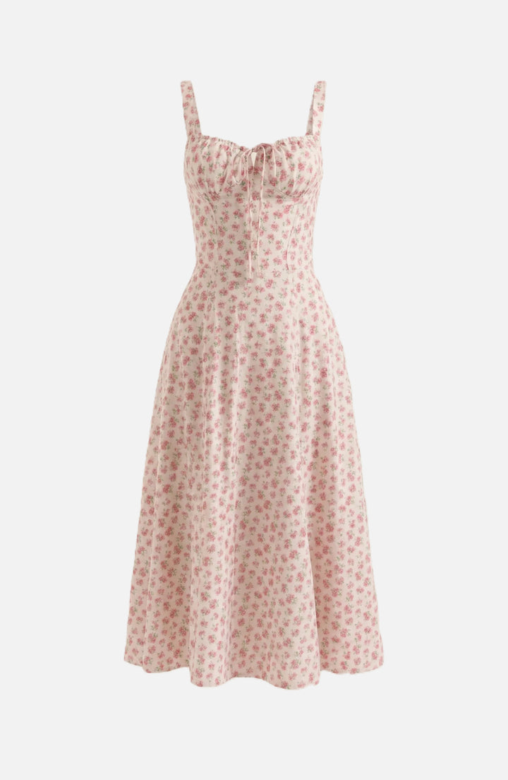 Womens Midi Sundress Ruched Bust Tie Front A-Line Skirt