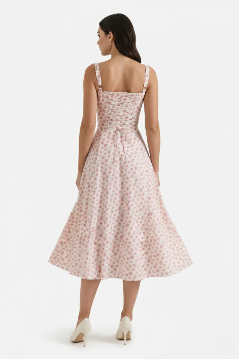 Womens Midi Sundress Ruched Bust Tie Front A-Line Skirt
