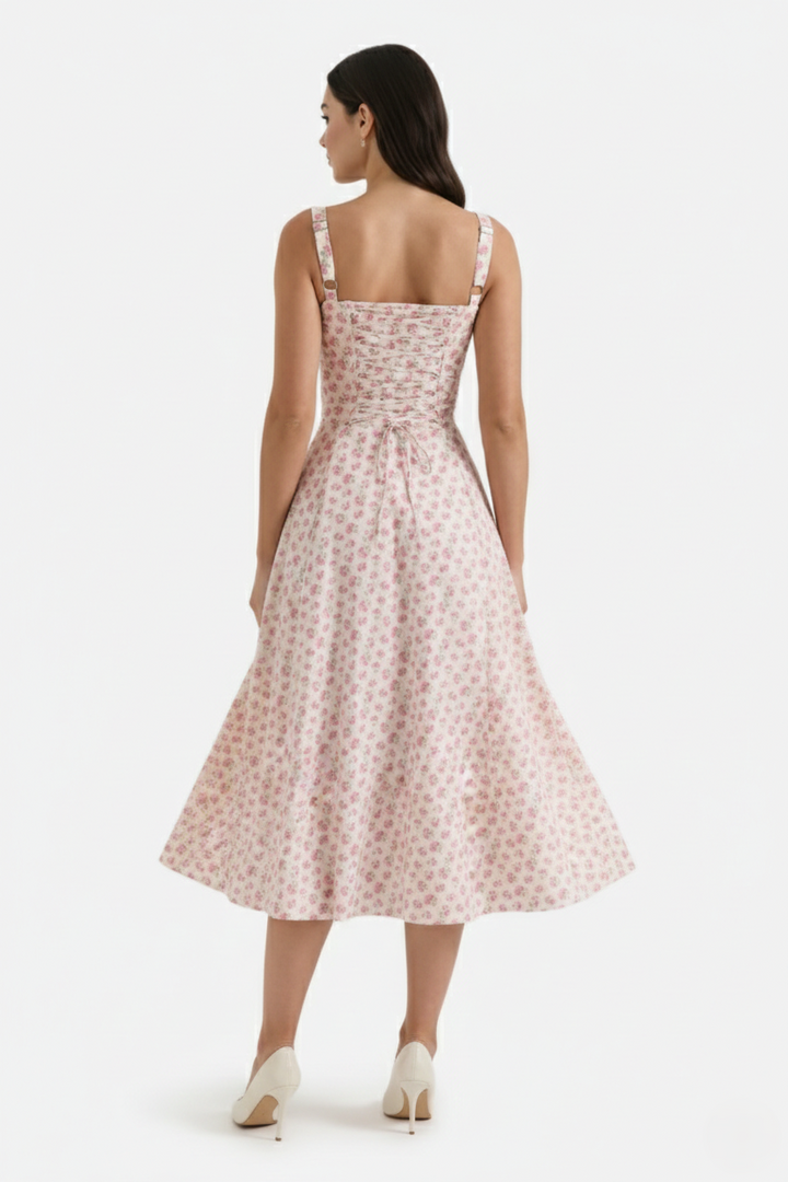 Womens Midi Sundress Ruched Bust Tie Front A-Line Skirt