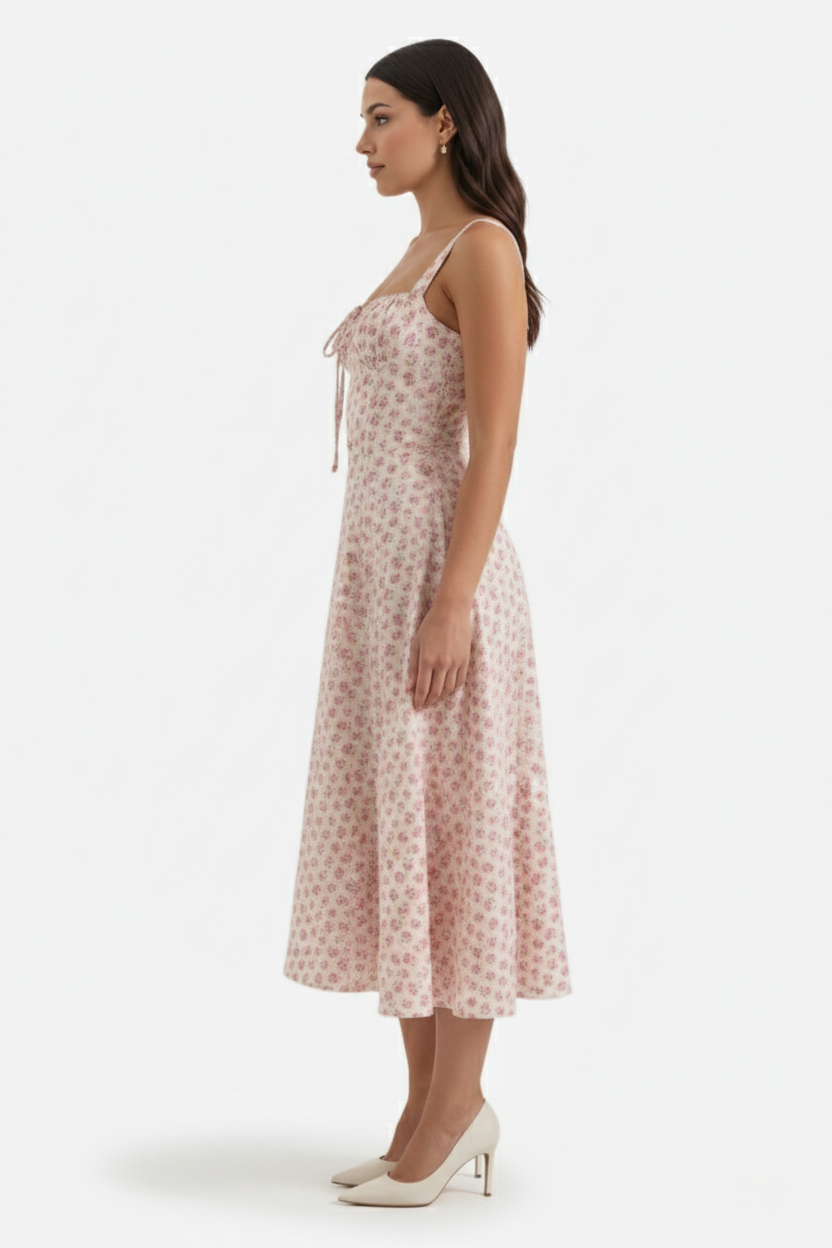 Womens Midi Sundress Ruched Bust Tie Front A-Line Skirt