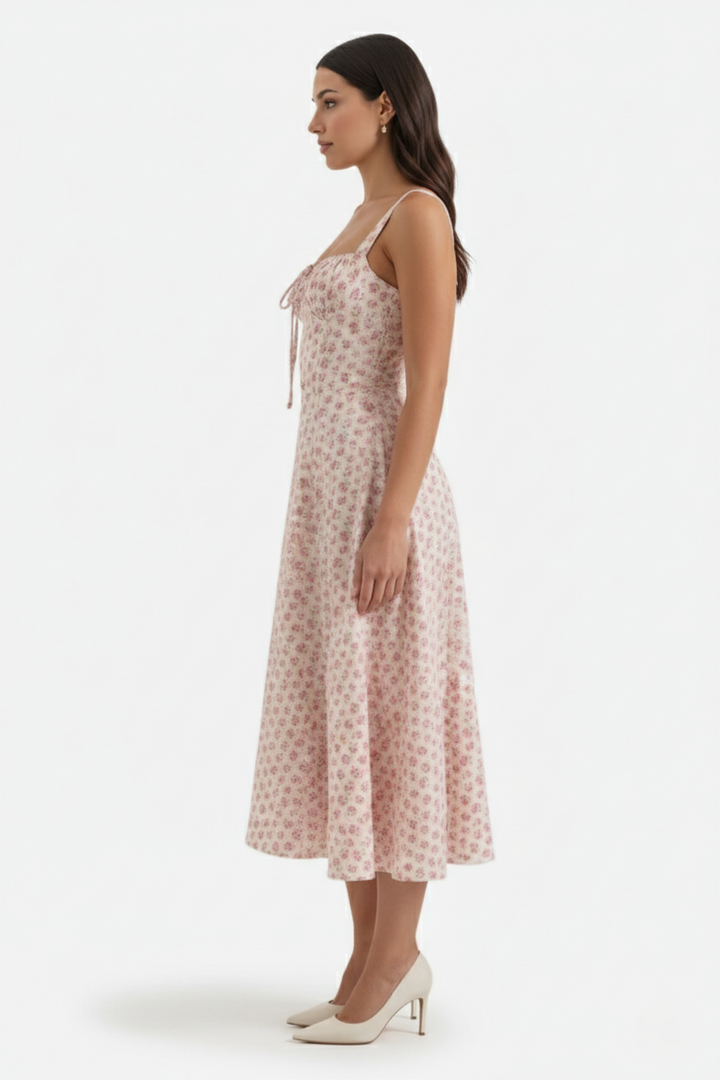 Womens Midi Sundress Ruched Bust Tie Front A-Line Skirt