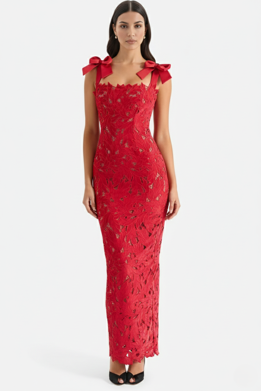 Womens Bodycon Maxi Dress Lace Cutwork Bow Shoulder Scalloped Hem - Clovrio