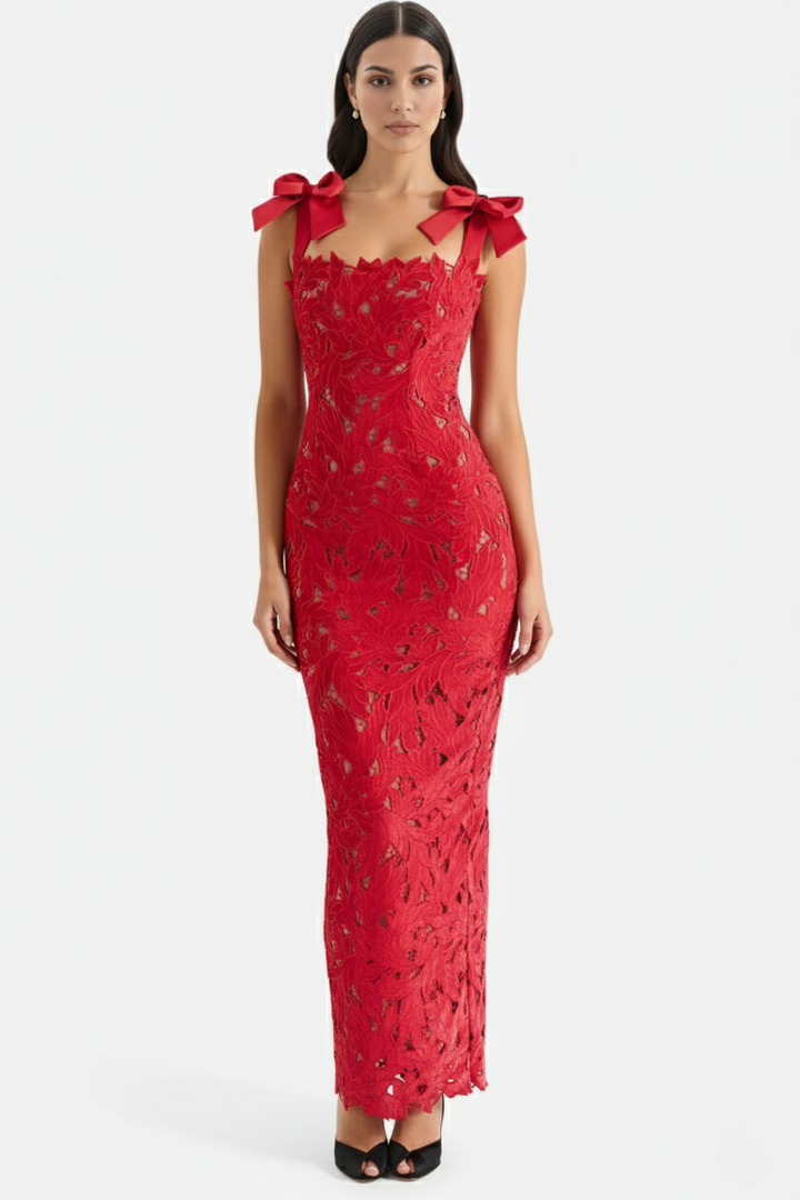 Womens Bodycon Maxi Dress Lace Cutwork Bow Shoulder Scalloped Hem - Clovrio