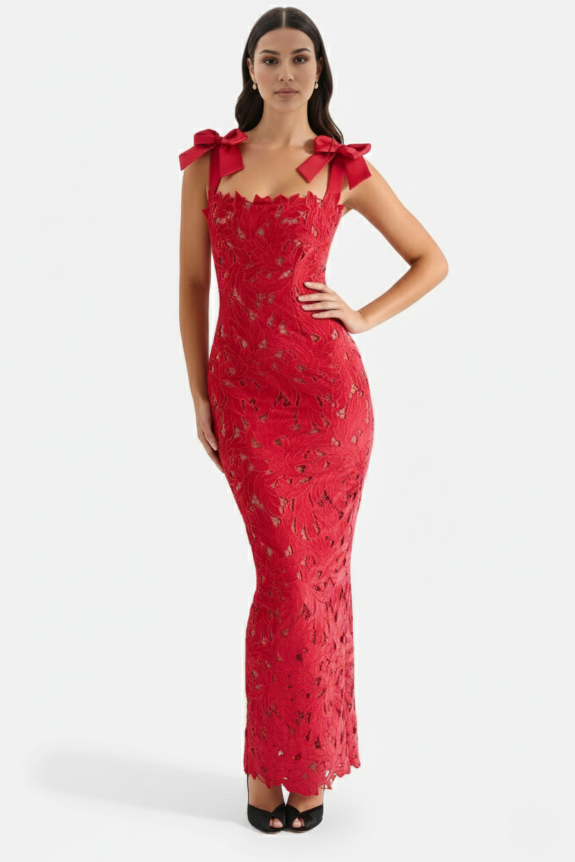 Womens Bodycon Maxi Dress Lace Cutwork Bow Shoulder Scalloped Hem