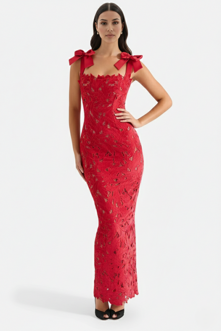 Womens Bodycon Maxi Dress Lace Cutwork Bow Shoulder Scalloped Hem