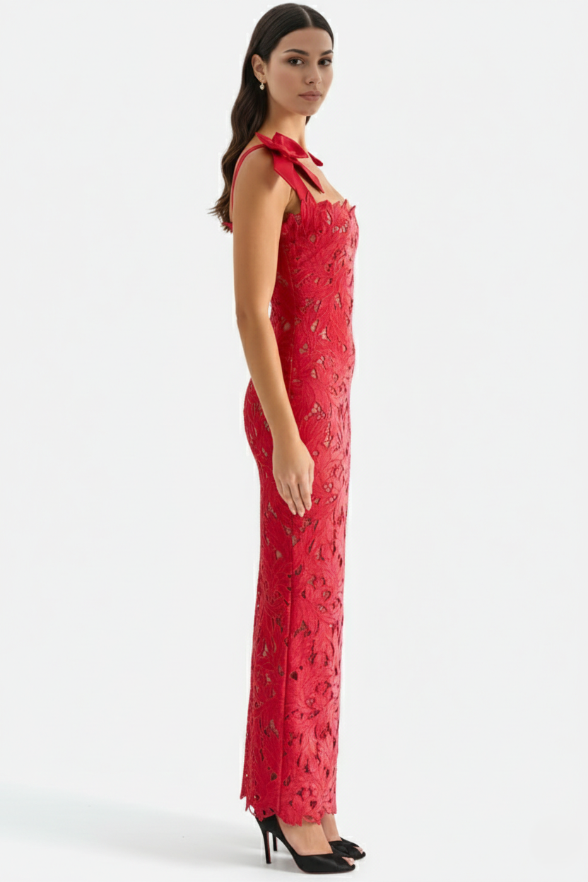 Womens Bodycon Maxi Dress Lace Cutwork Bow Shoulder Scalloped Hem