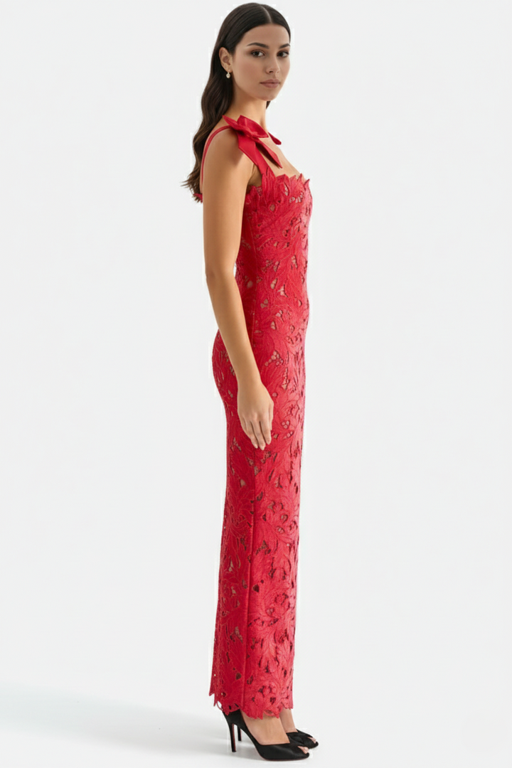 Womens Bodycon Maxi Dress Lace Cutwork Bow Shoulder Scalloped Hem