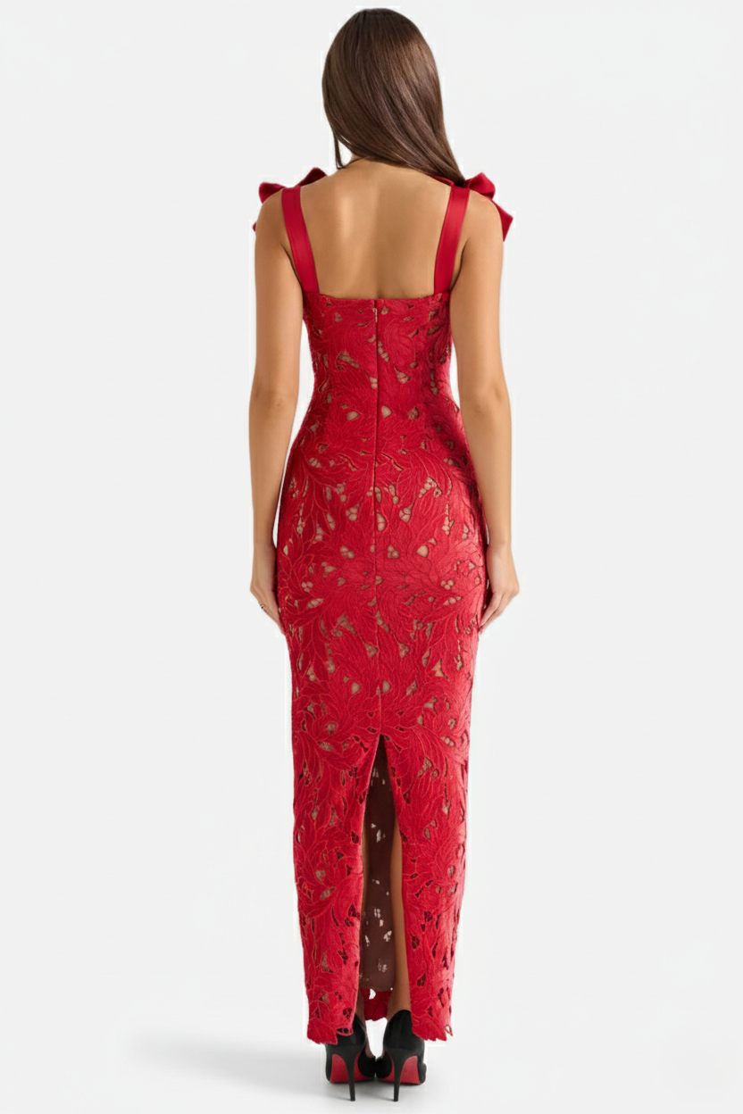 Womens Bodycon Maxi Dress Lace Cutwork Bow Shoulder Scalloped Hem