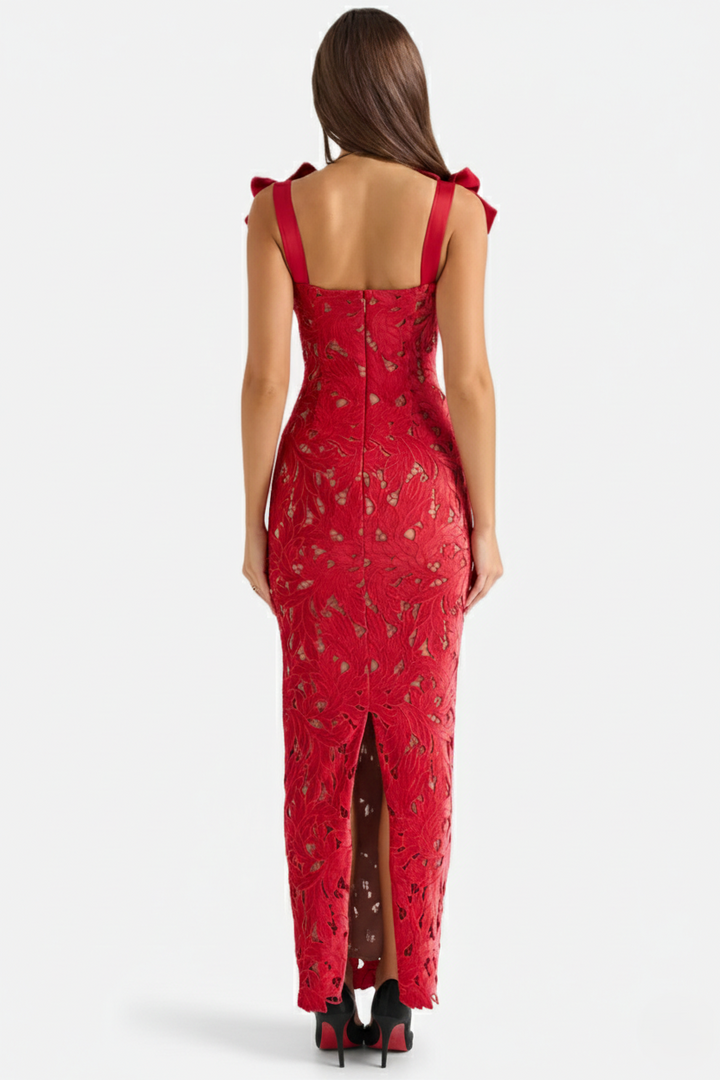 Womens Bodycon Maxi Dress Lace Cutwork Bow Shoulder Scalloped Hem