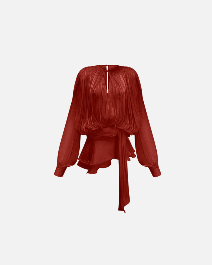 Womens Mini Dress with Tie Neck Long Sleeve and Pleated Ruffle Hem
