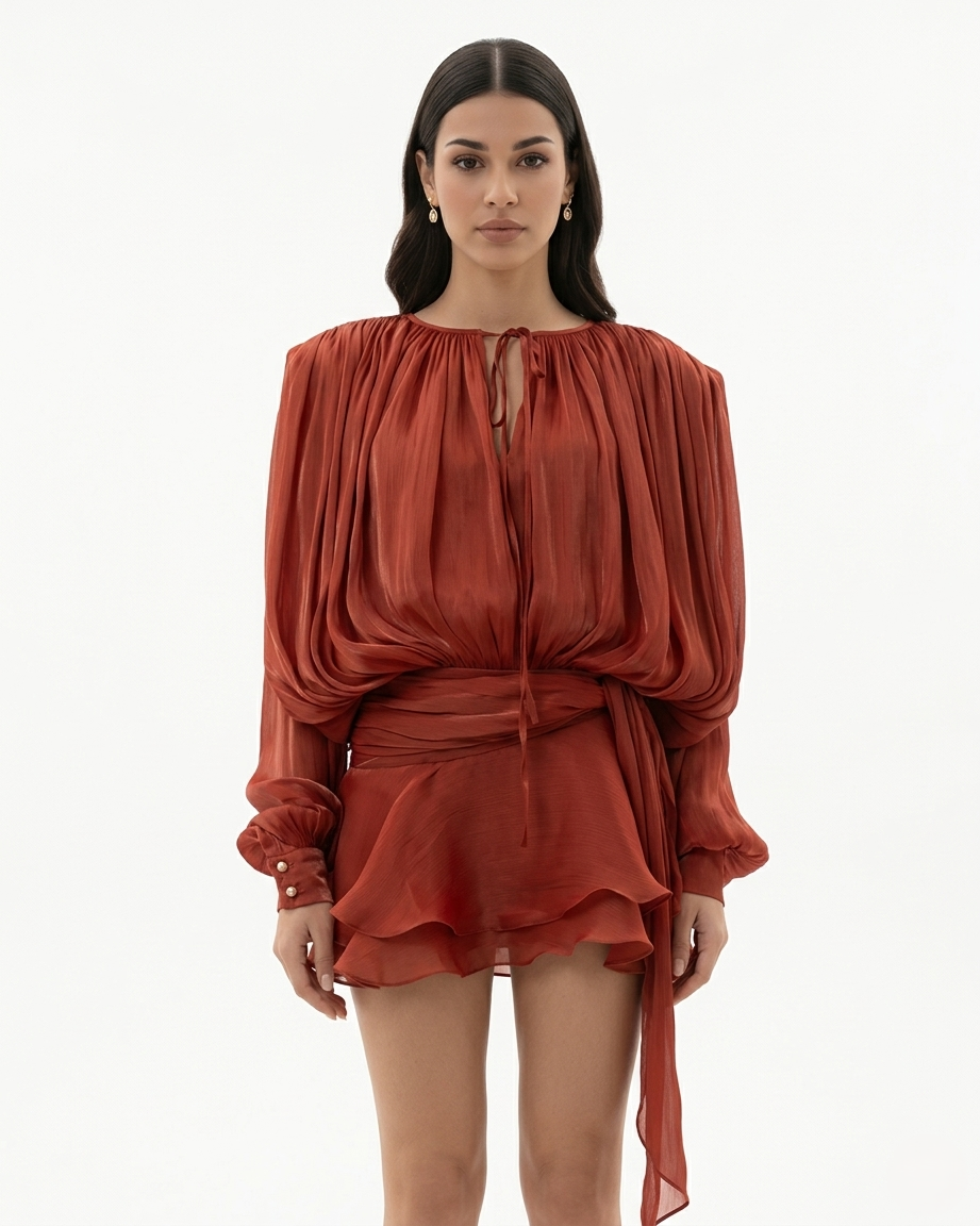 Womens Mini Dress with Tie Neck Long Sleeve and Pleated Ruffle Hem
