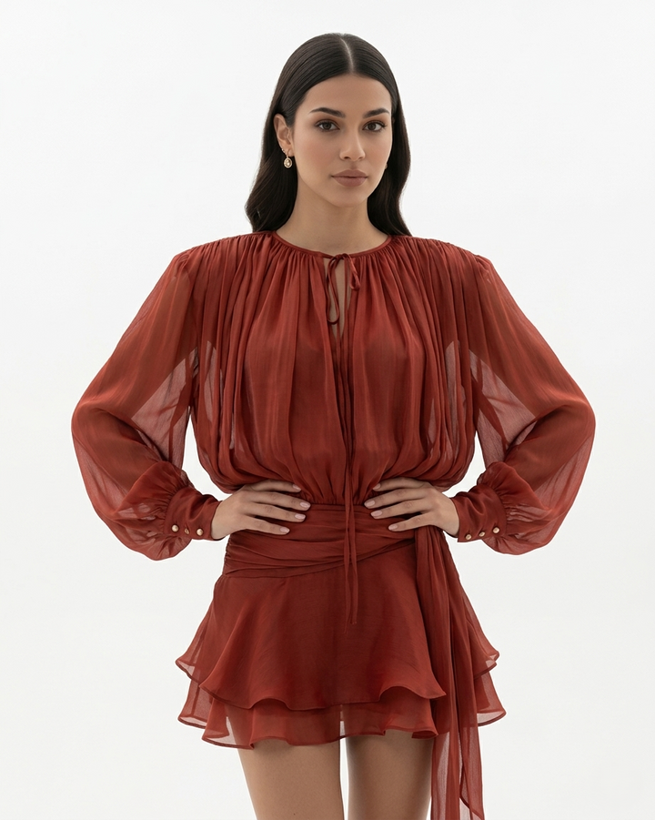 Womens Mini Dress with Tie Neck Long Sleeve and Pleated Ruffle Hem