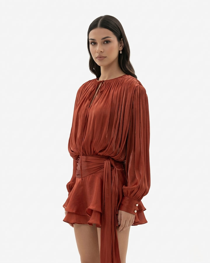 Womens Mini Dress with Tie Neck Long Sleeve and Pleated Ruffle Hem