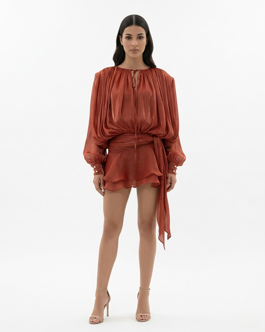 Womens Mini Dress with Tie Neck Long Sleeve and Pleated Ruffle Hem
