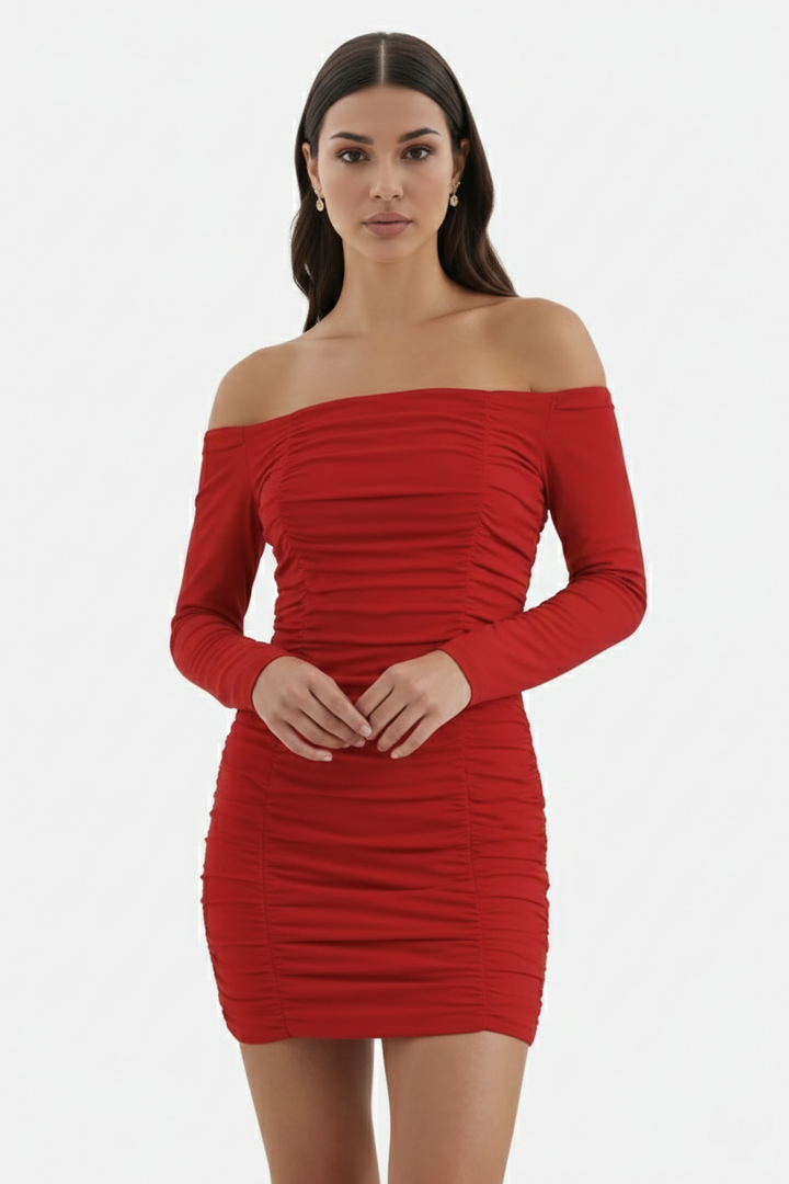 Womens Bodycon Mini Dress Ruched Off-Shoulder Long Sleeve