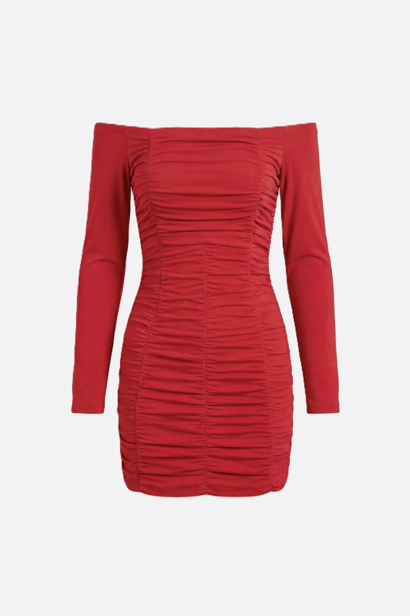 Womens Bodycon Mini Dress Ruched Off-Shoulder Long Sleeve