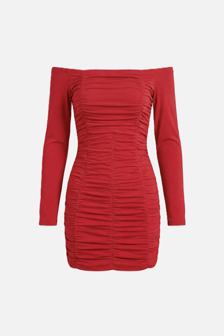 Womens Bodycon Mini Dress Ruched Off-Shoulder Long Sleeve