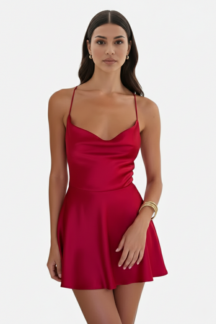 Womens Mini Dress Satin Spaghetti Strap Tiered Lace-Up Back