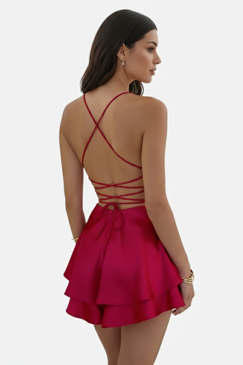 Womens Mini Dress Satin Spaghetti Strap Tiered Lace-Up Back