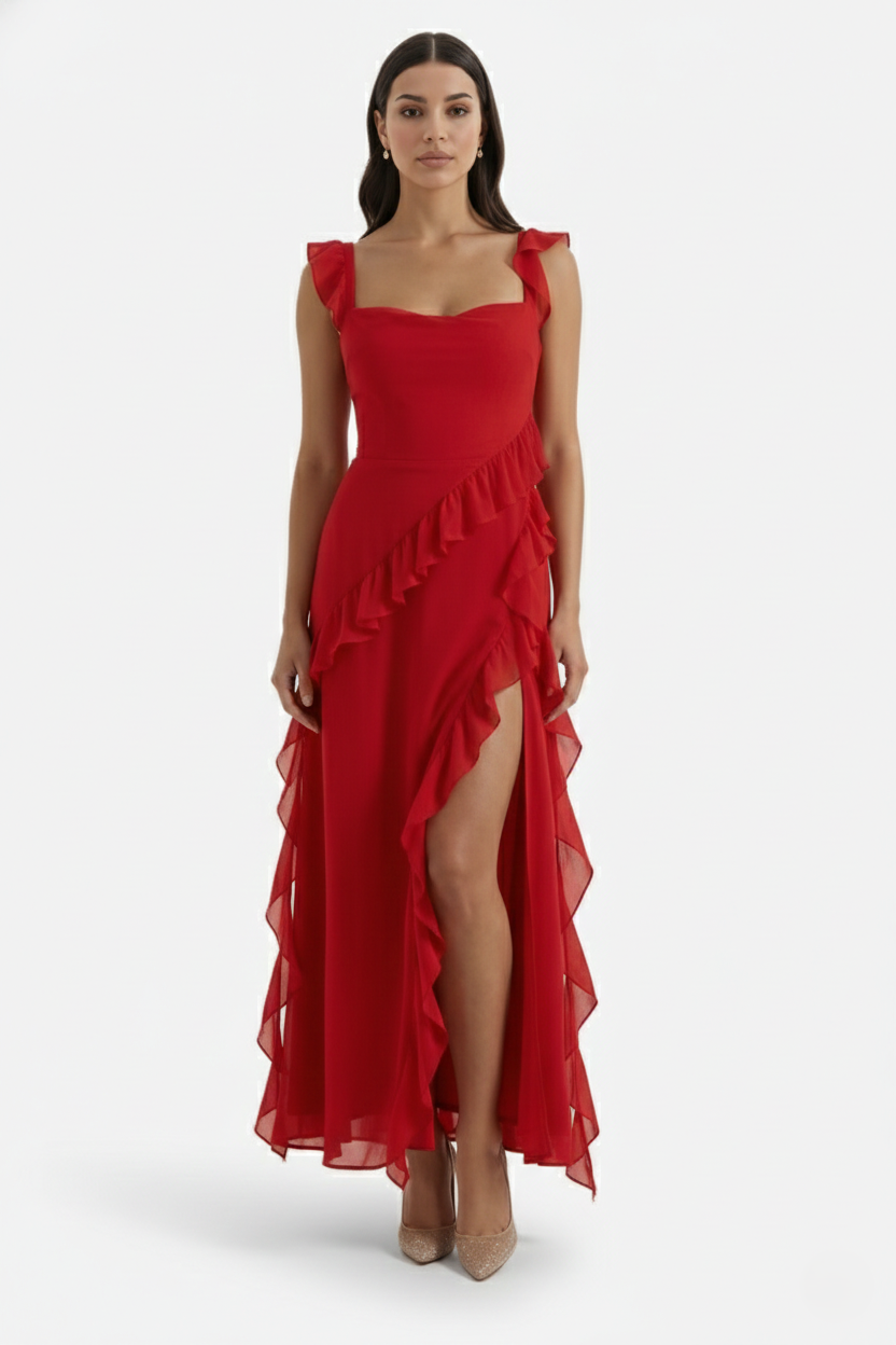 Womens Sleeveless Maxi Dress with Ruffle Trim and Front Slit