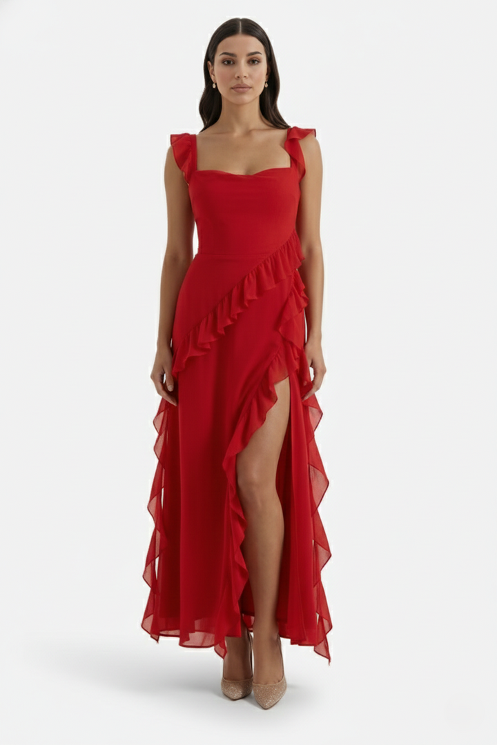 Womens Sleeveless Maxi Dress with Ruffle Trim and Front Slit