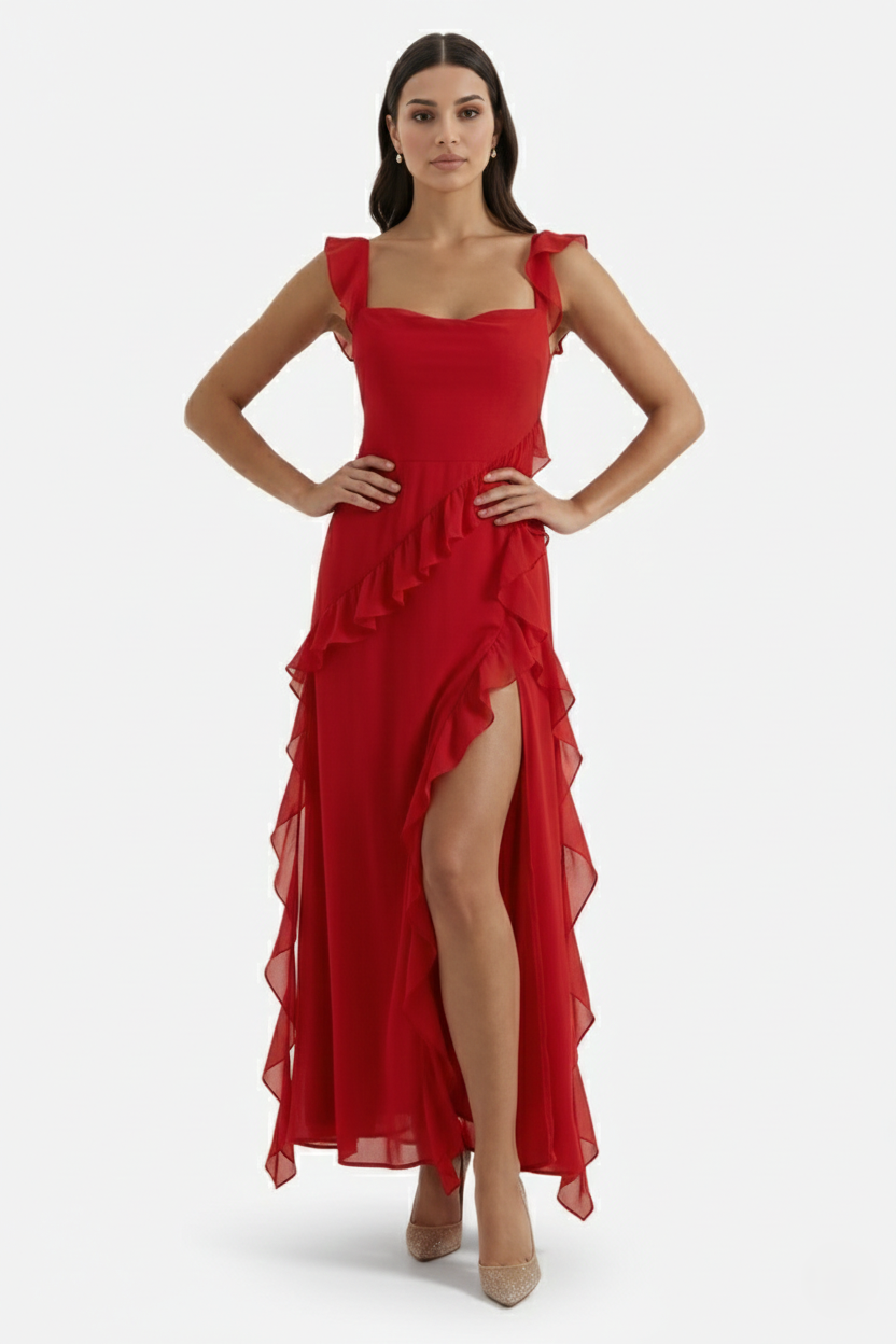 Womens Sleeveless Maxi Dress with Ruffle Trim and Front Slit