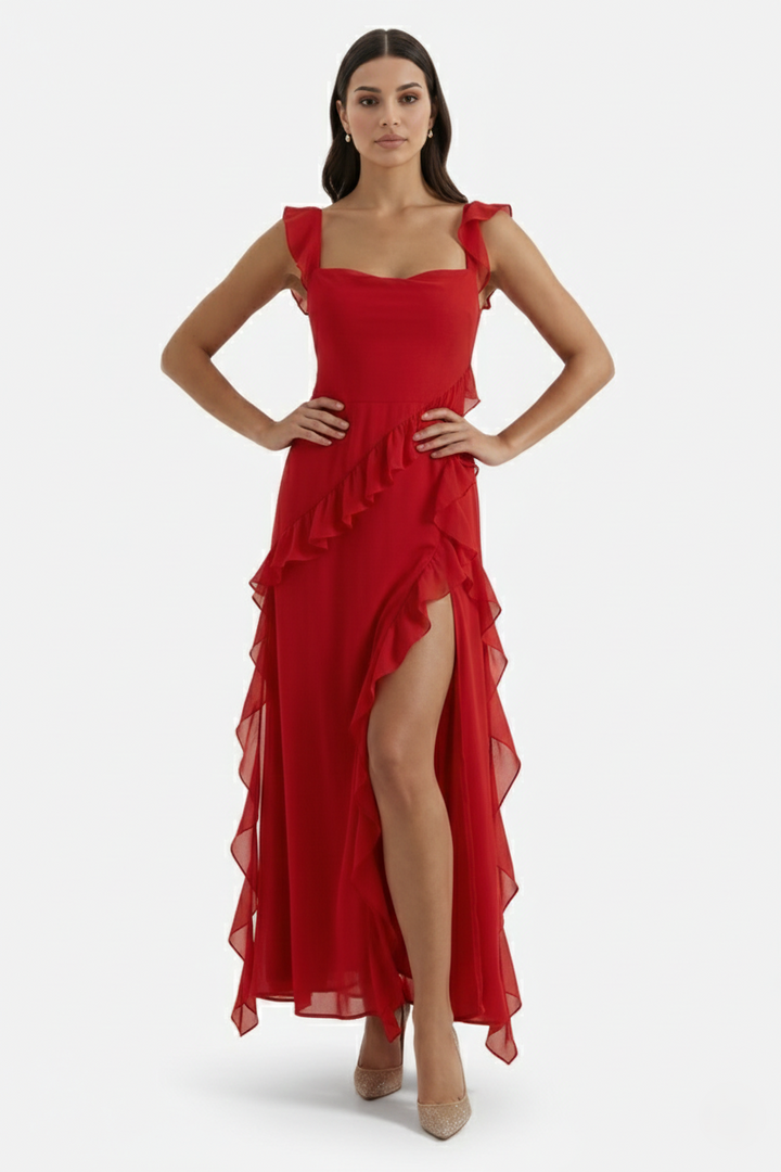Womens Sleeveless Maxi Dress with Ruffle Trim and Front Slit