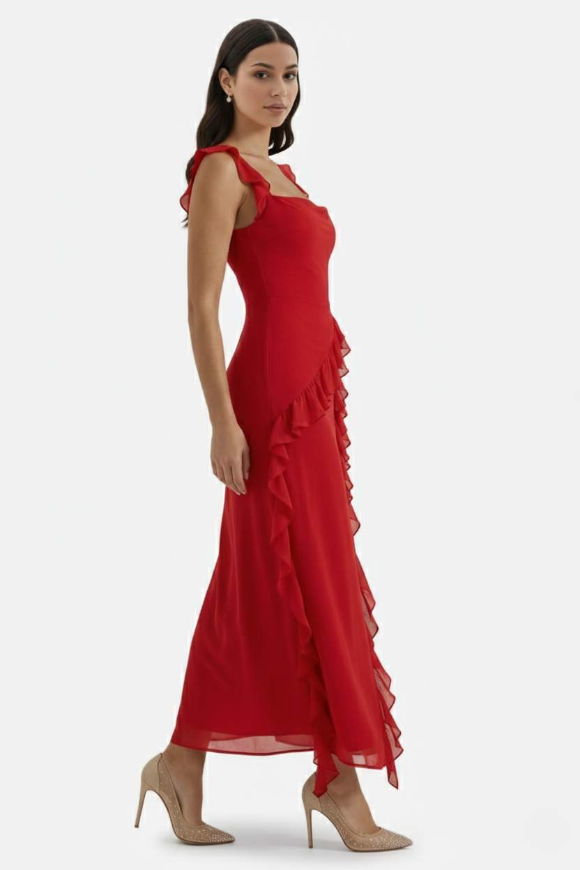 Womens Sleeveless Maxi Dress with Ruffle Trim and Front Slit