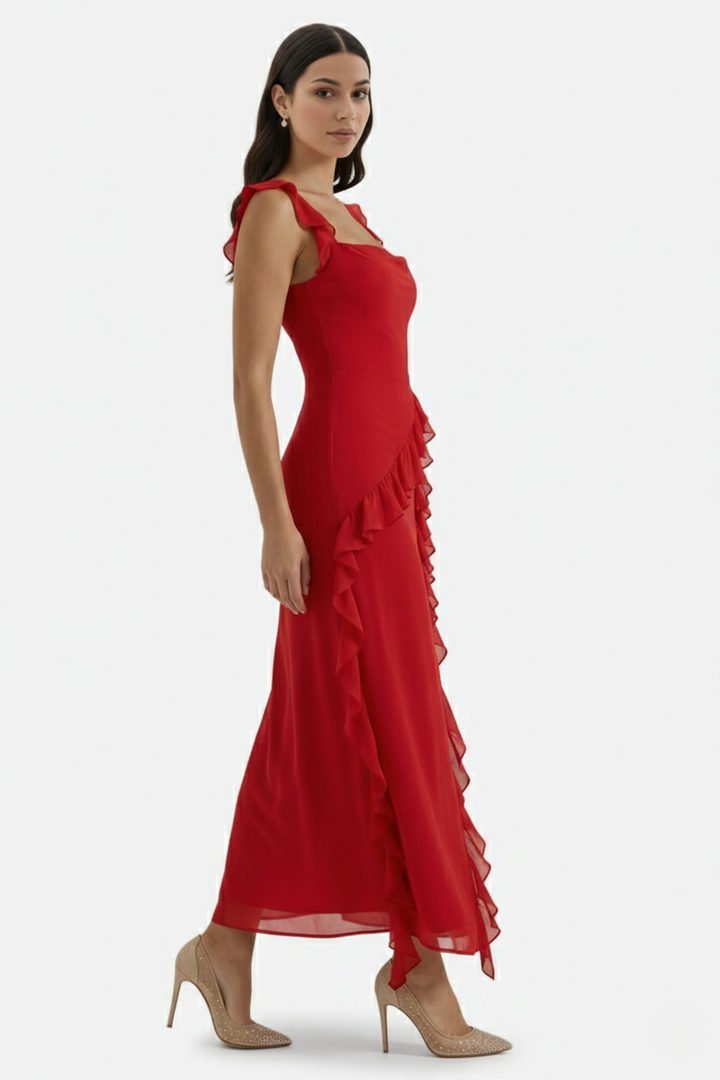 Womens Sleeveless Maxi Dress with Ruffle Trim and Front Slit
