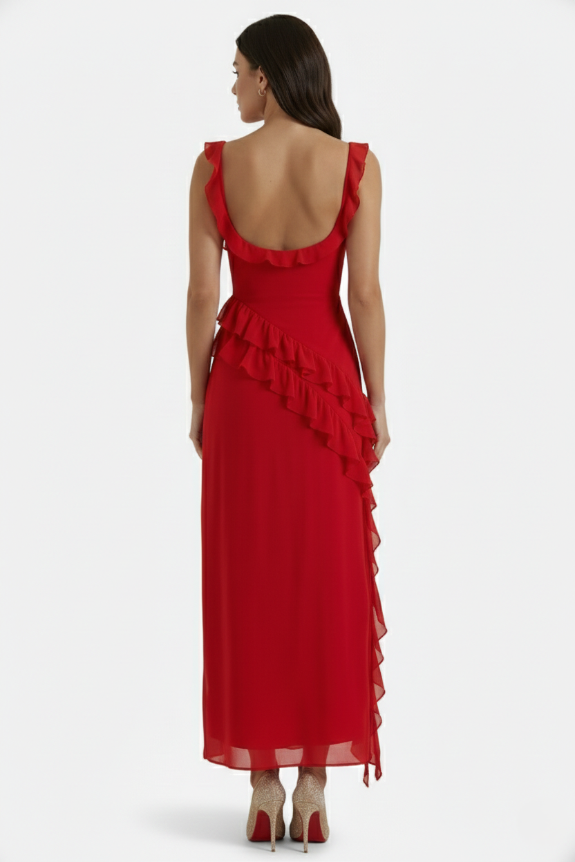 Womens Sleeveless Maxi Dress with Ruffle Trim and Front Slit