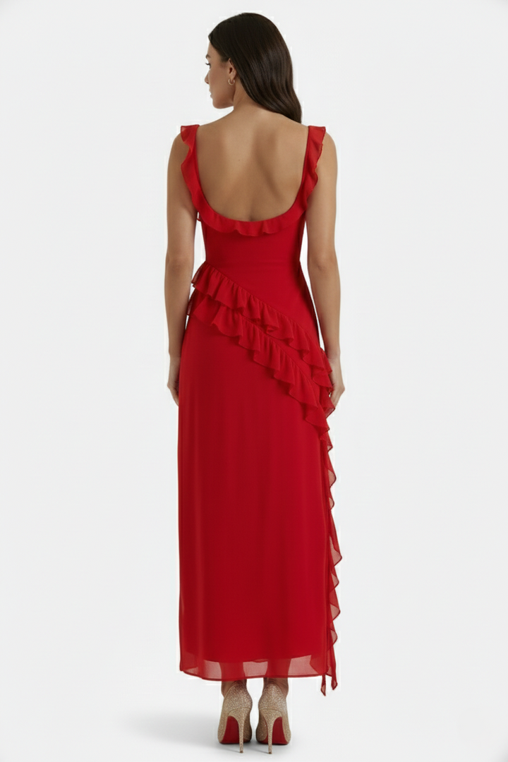 Womens Sleeveless Maxi Dress with Ruffle Trim and Front Slit