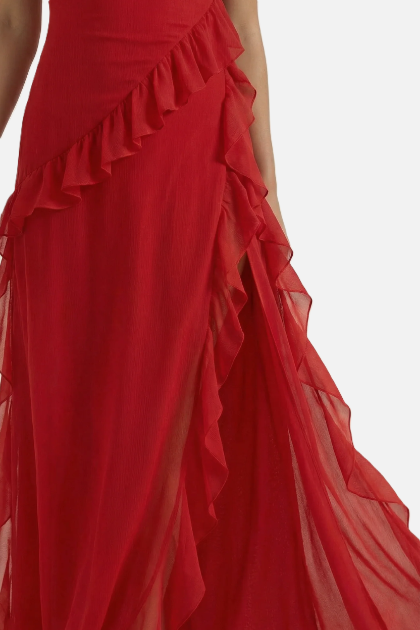 Womens Sleeveless Maxi Dress with Ruffle Trim and Front Slit