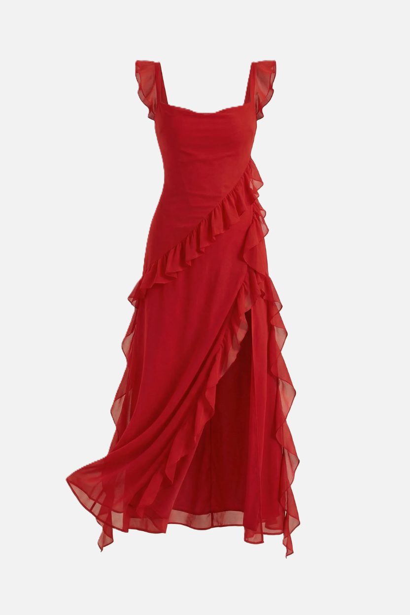 Womens Sleeveless Maxi Dress with Ruffle Trim and Front Slit