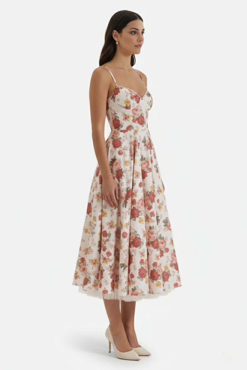 Womens Midi Dress Bustier Sweetheart Neckline Full Circle Tulle Hem