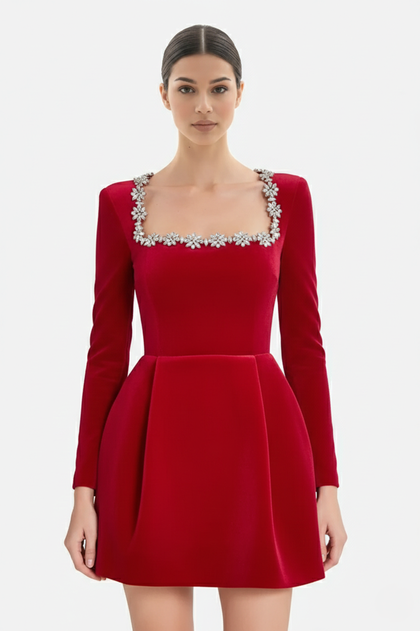 Womens Cocktail Dress Velvet Floral Embellished Long Sleeve