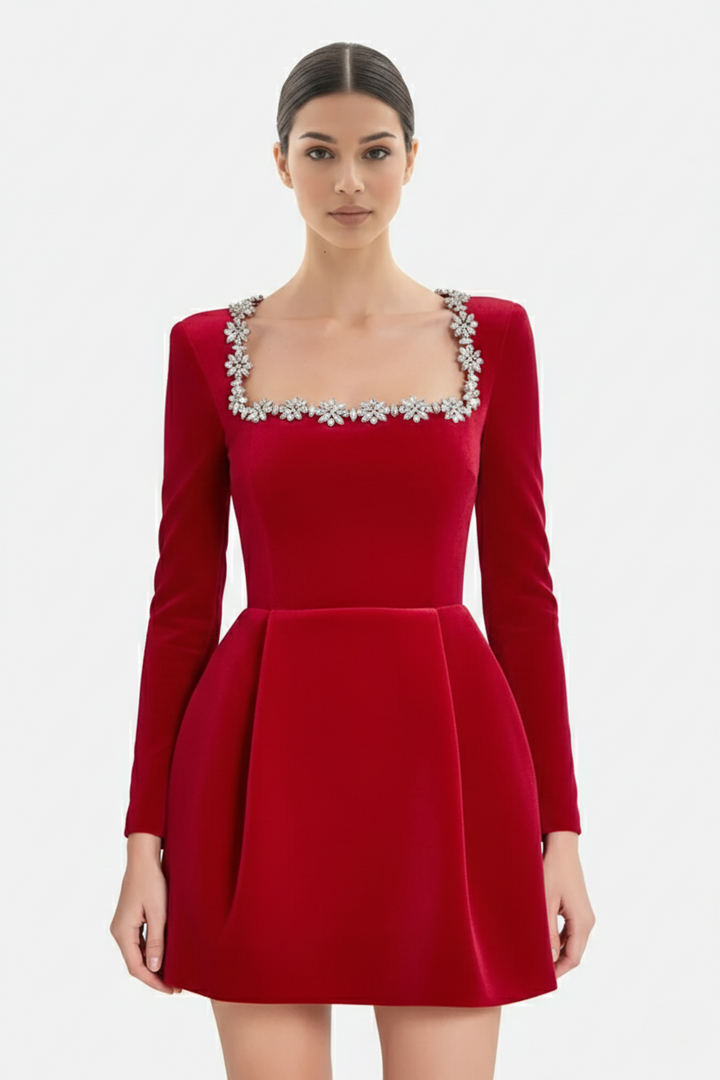 Womens Cocktail Dress Velvet Floral Embellished Long Sleeve