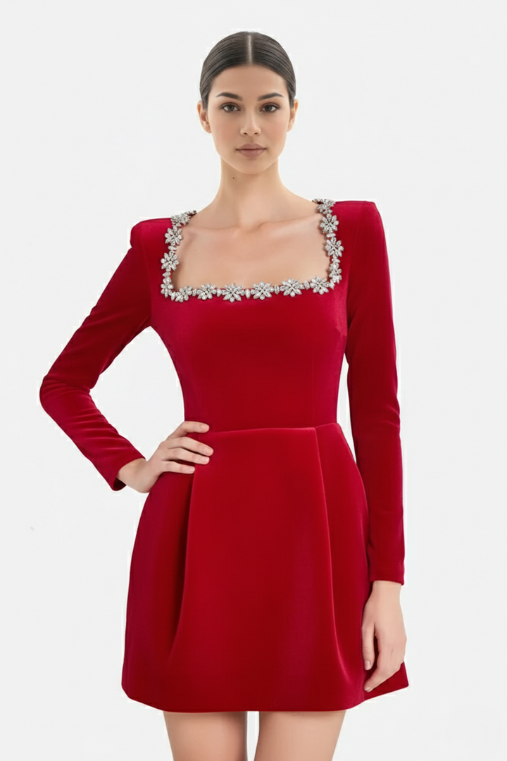 Womens Cocktail Dress Velvet Floral Embellished Long Sleeve