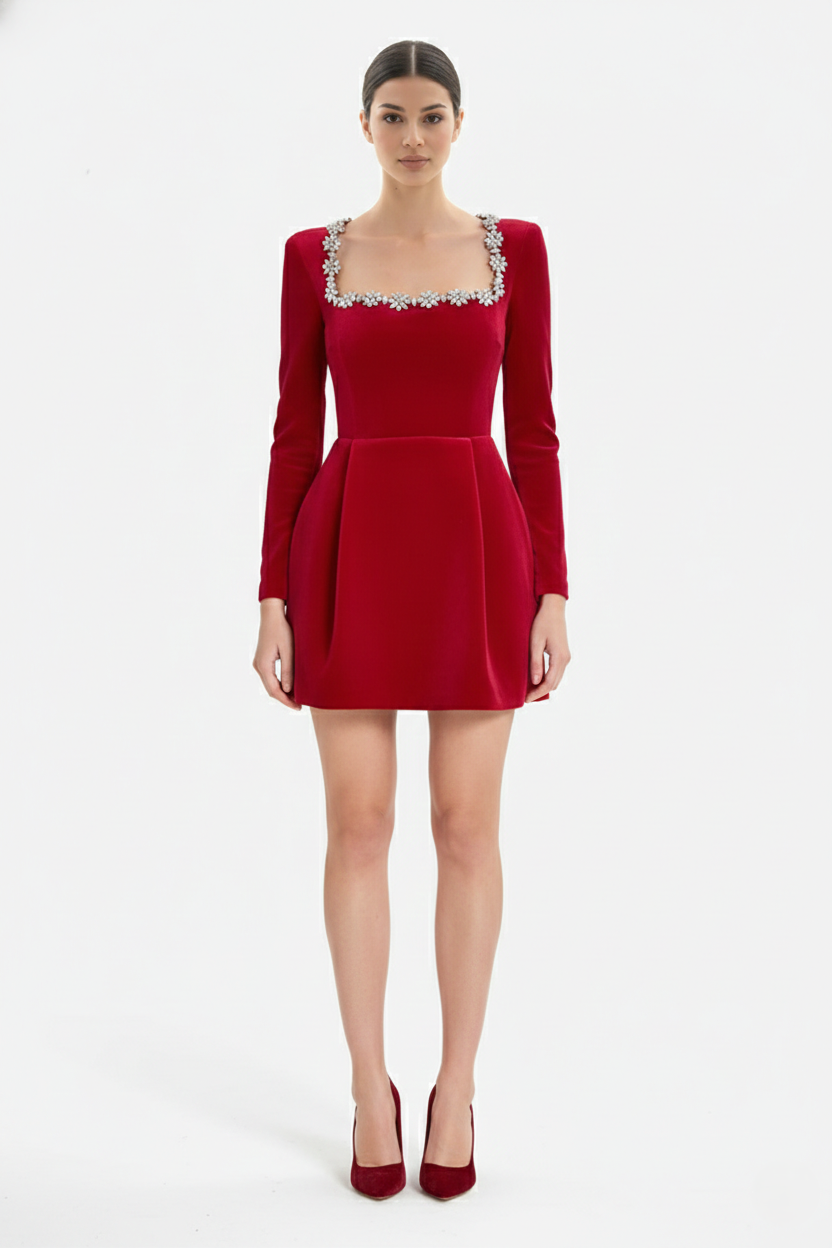 Womens Cocktail Dress Velvet Floral Embellished Long Sleeve
