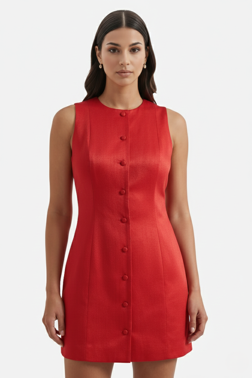 Womens Sleeveless Mini Sheath Dress Button-Front Round Neck - Clovrio