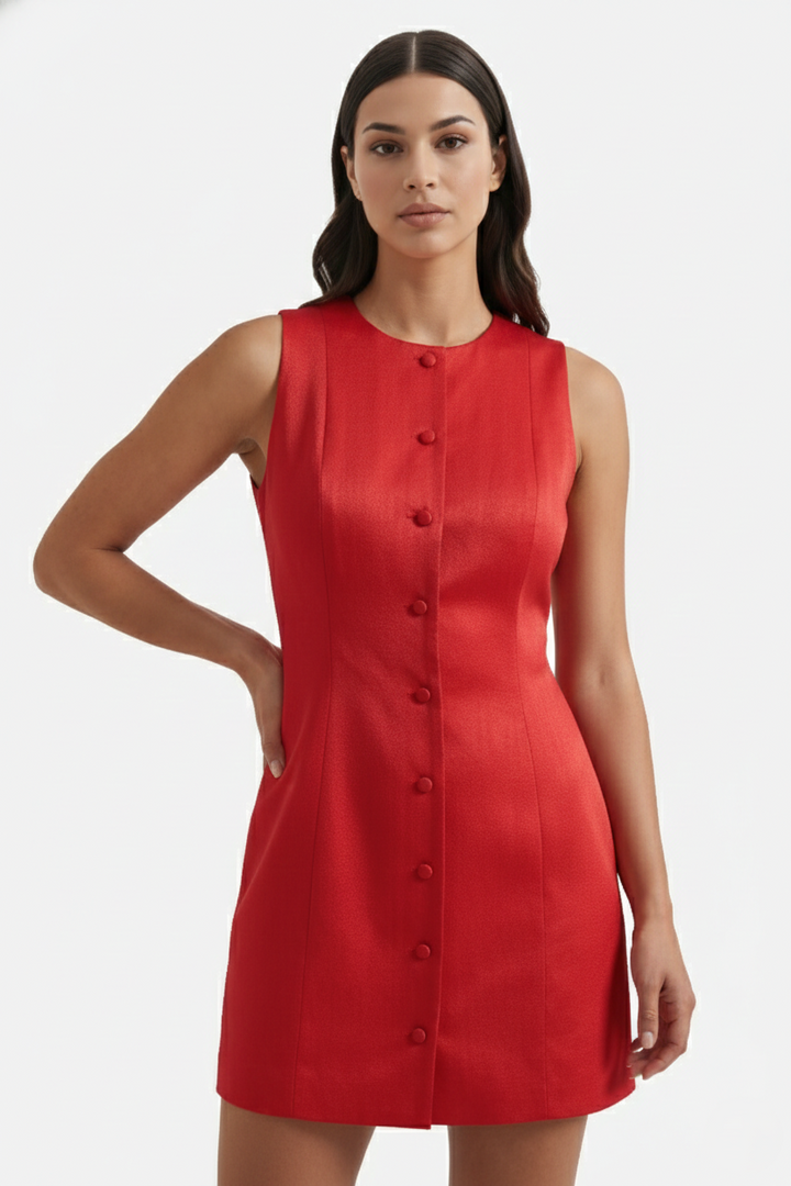 Womens Sleeveless Mini Sheath Dress Button-Front Round Neck