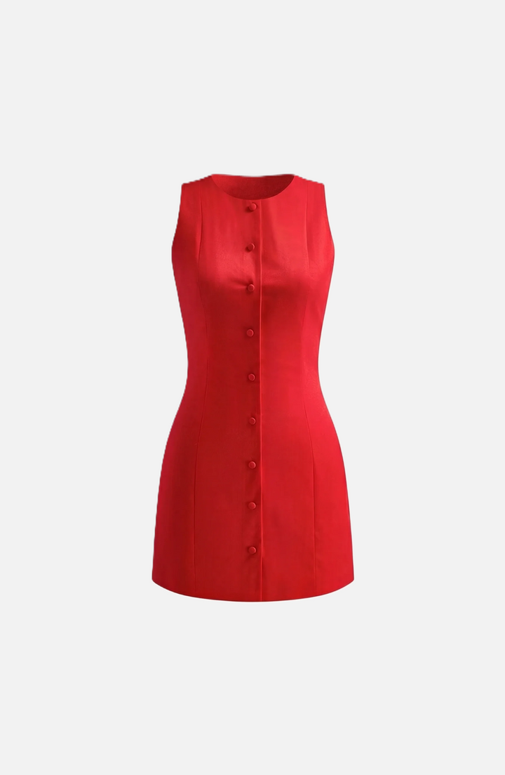 Womens Sleeveless Mini Sheath Dress Button-Front Round Neck
