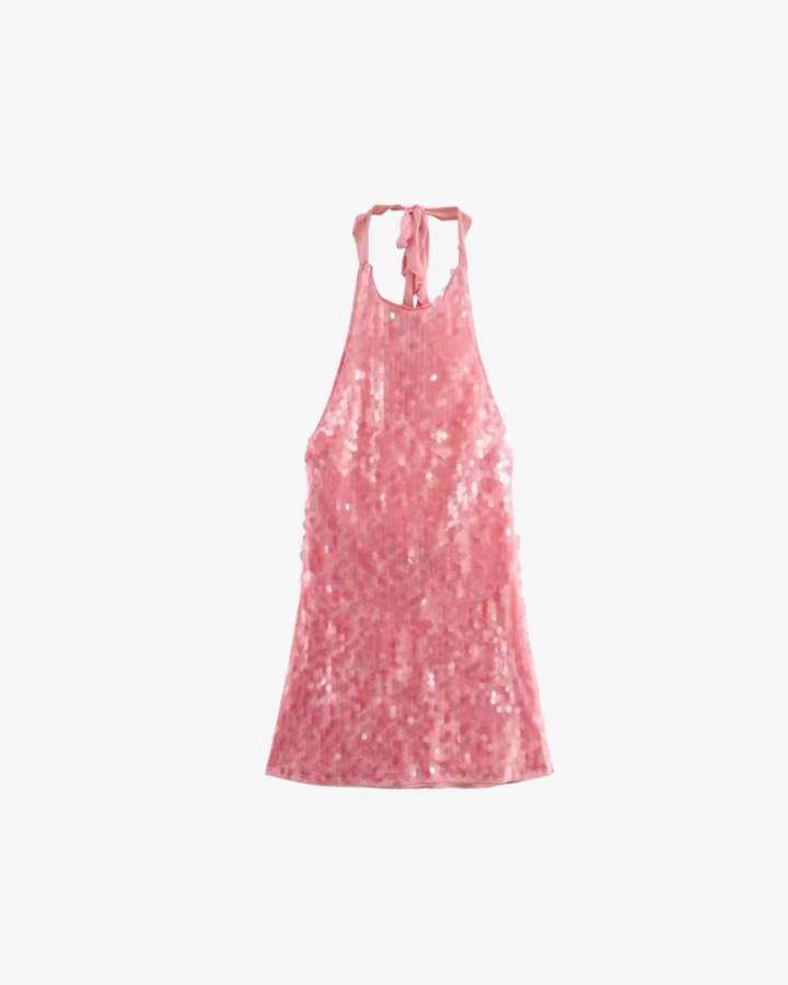 Womens Sequin Mini Dress Halter Neck Backless Bodycon Fit
