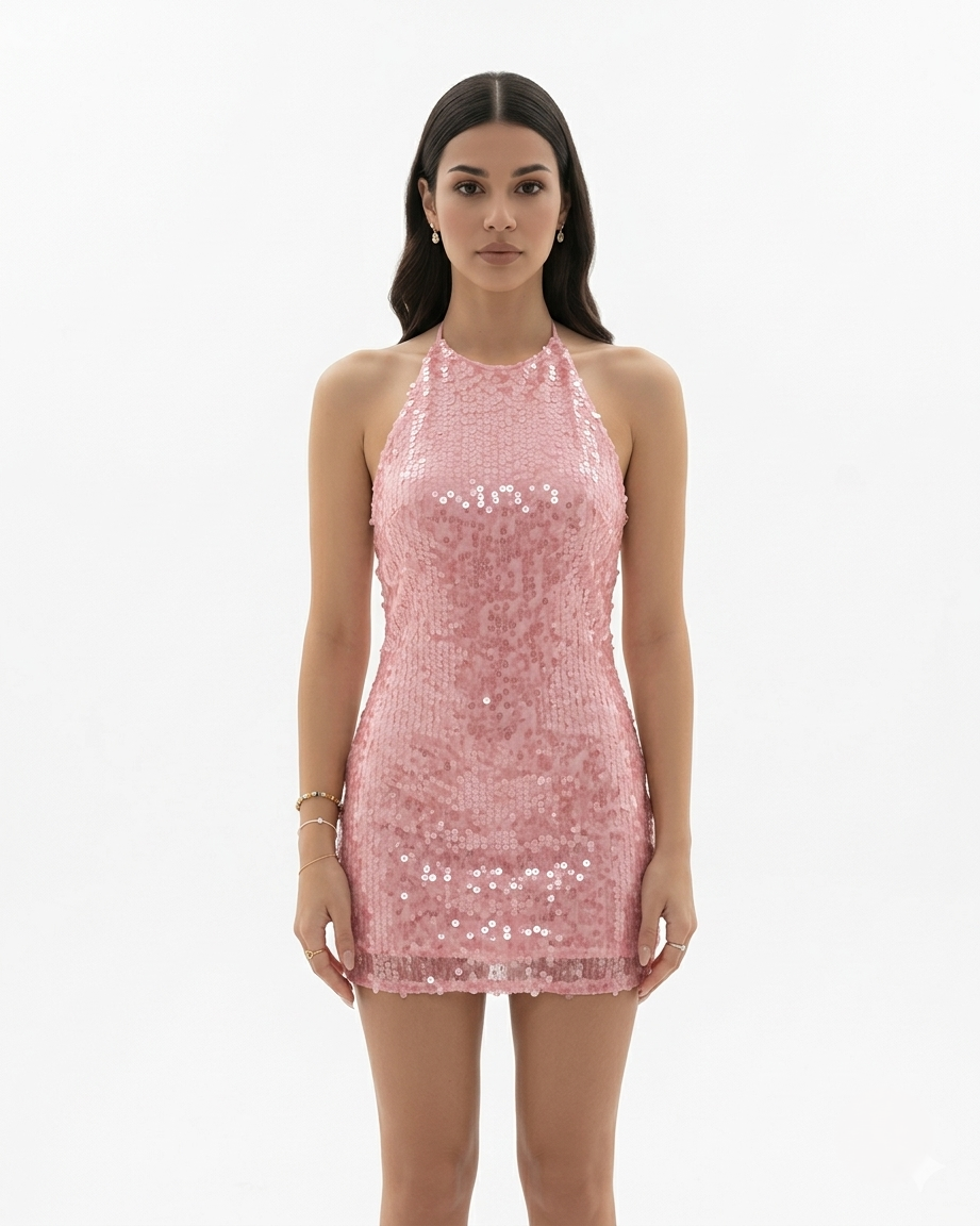 Womens Sequin Mini Dress Halter Neck Backless Bodycon Fit