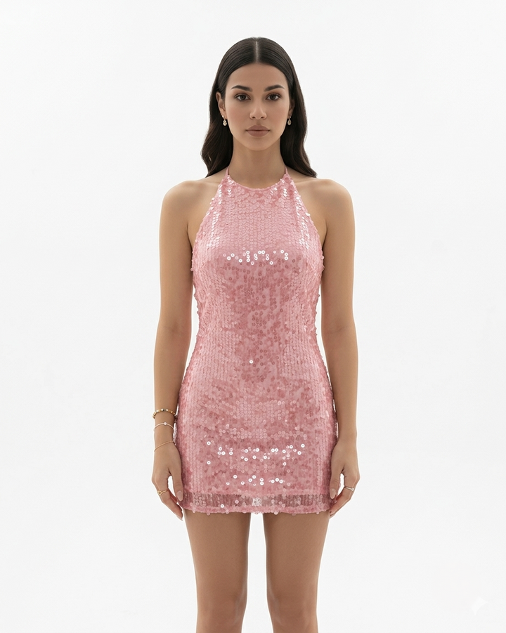 Womens Sequin Mini Dress Halter Neck Backless Bodycon Fit