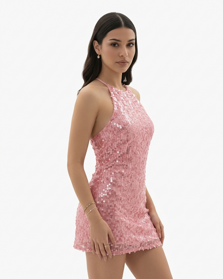 Womens Sequin Mini Dress Halter Neck Backless Bodycon Fit
