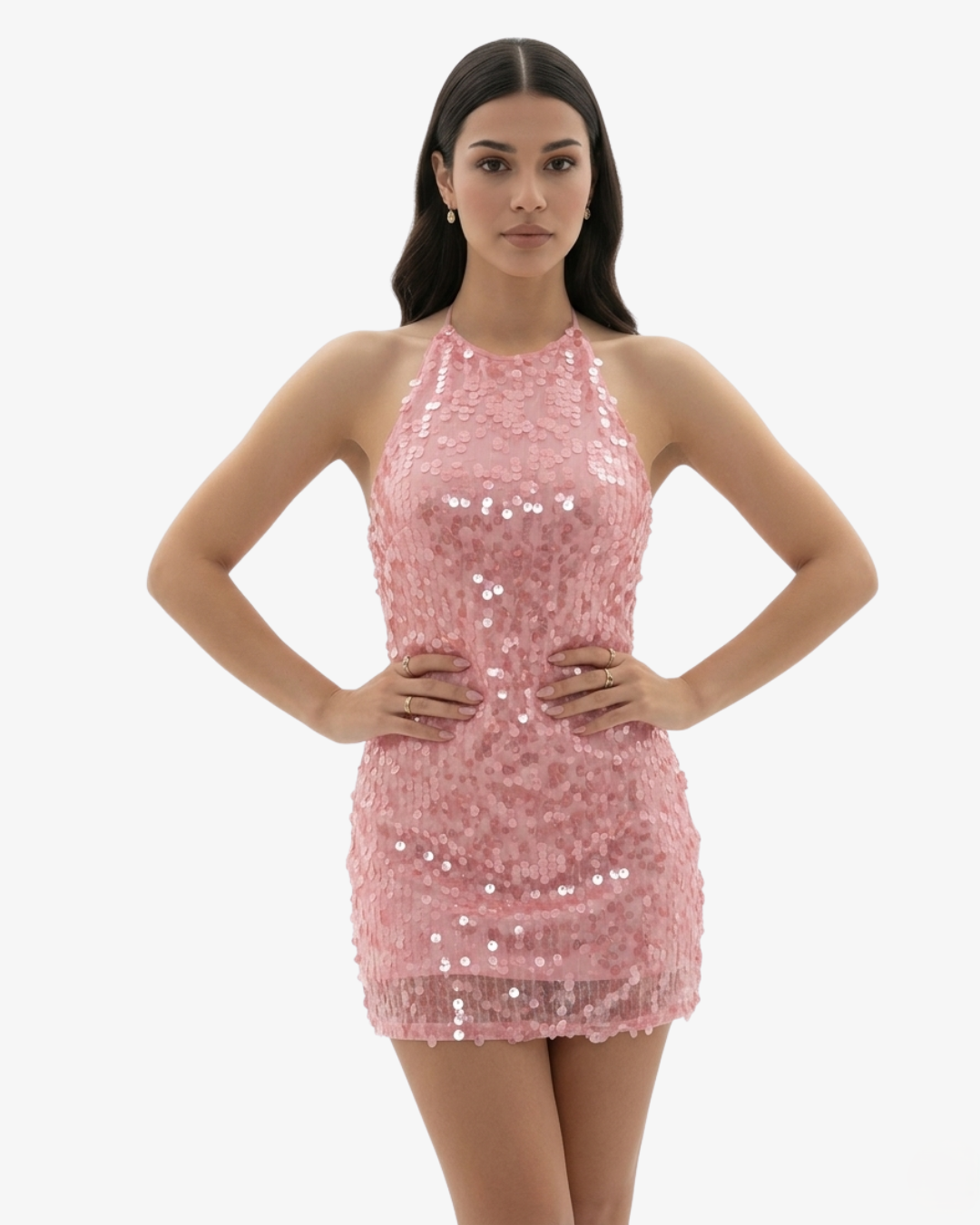 Womens Sequin Mini Dress Halter Neck Backless Bodycon Fit - Clovrio