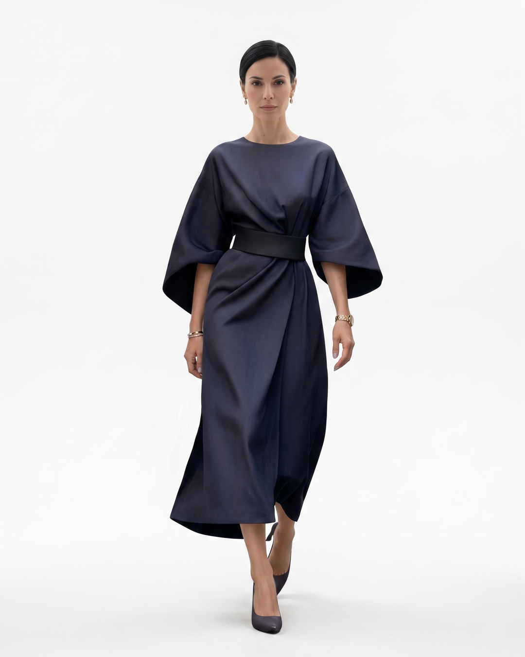Womens Midi Dress with Batwing Sleeves and Belted Waist - Clovrio