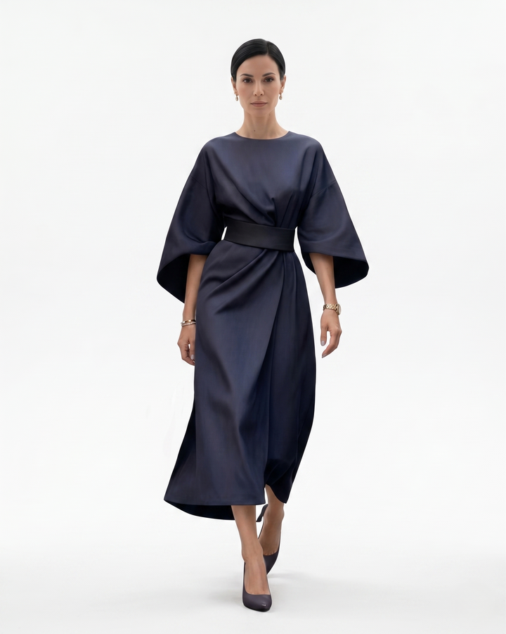 Womens Midi Dress with Batwing Sleeves and Belted Waist - Clovrio