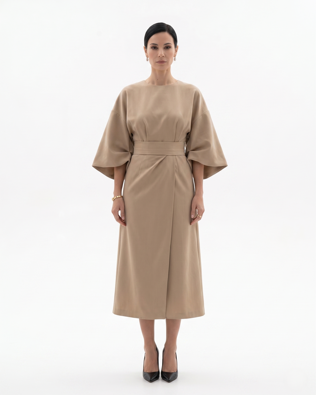 Womens Midi Dress with Batwing Sleeves and Belted Waist