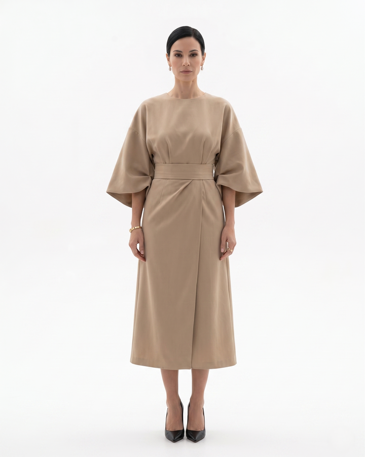 Womens Midi Dress with Batwing Sleeves and Belted Waist